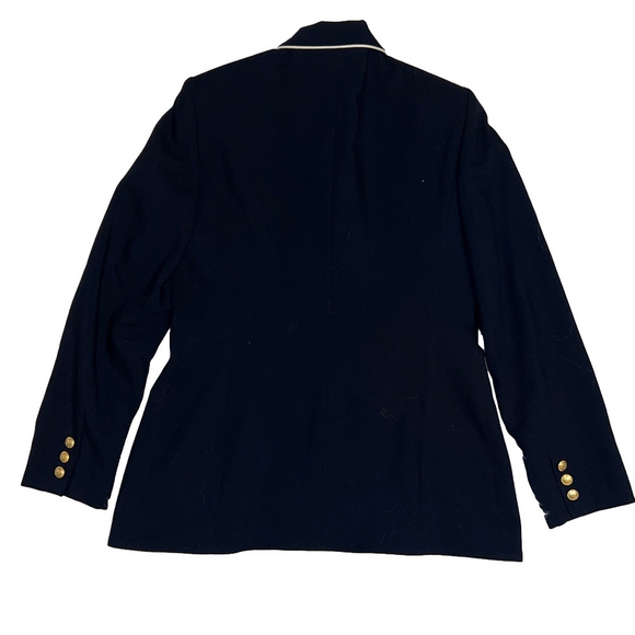 Liz Claiborne Vintage Navy Blazer Gold Crest Buttons Cream Piping Old Money Prep - Picture 2 of 11